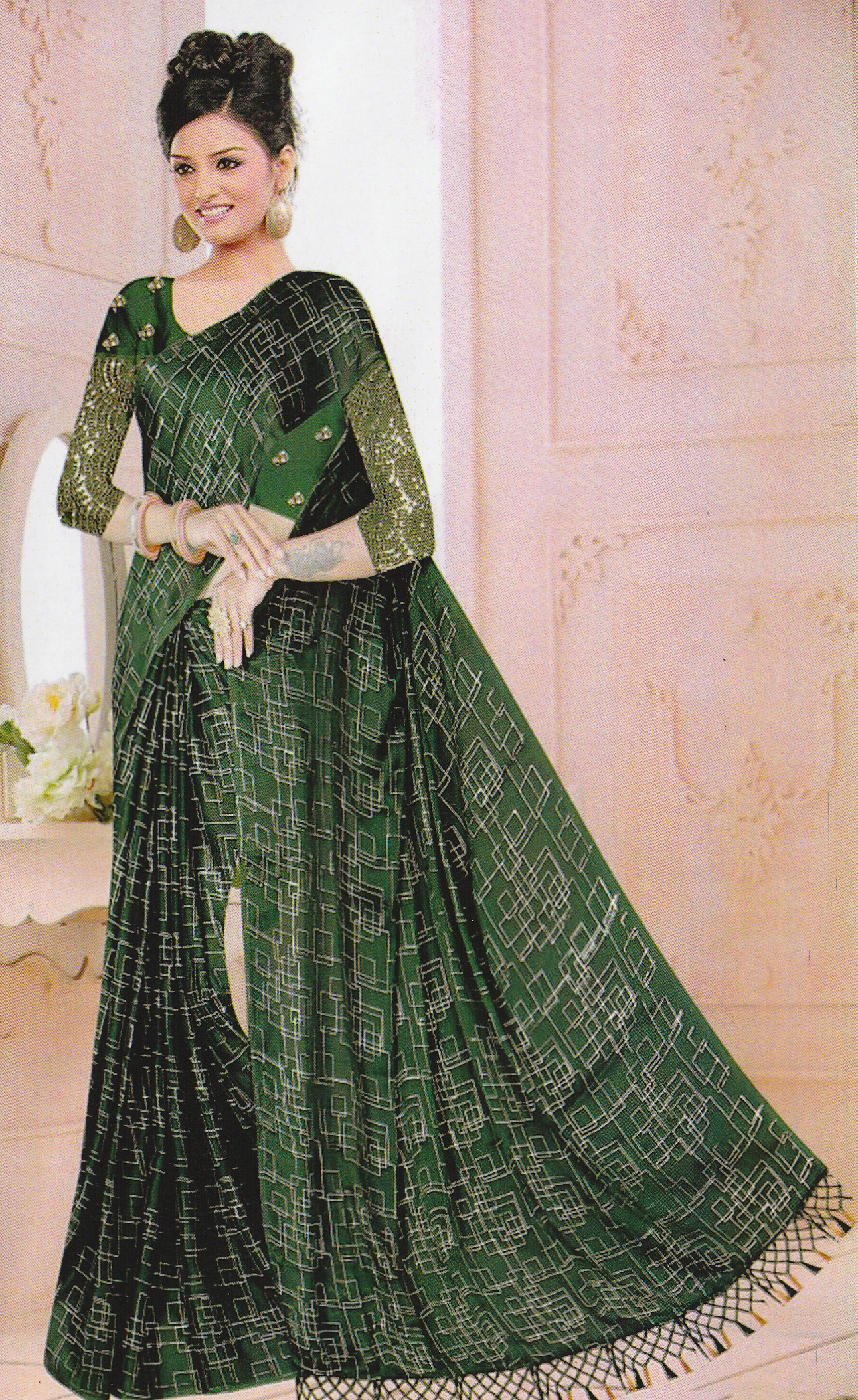 Kaamita Geometric Foil Print Green Color Georgette Saree with Sequence Zari Blouse Piece